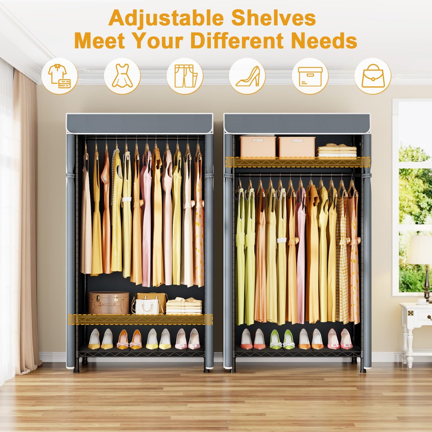 ULIFHOME H5C Clothes Rack with Cover, Portable Closet for Hanging Clothes, Covered Clothing Racks Heavy Duty, Garment Racks with Shelves, Max Load 360LBS, Black Closet Rack with Gray Cover