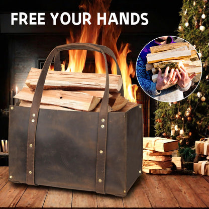 Woodman's Premium Cowhide Leather Log Carrier, Handcrafted Heavy-Duty Firewood Bag for Outdoor Camping, BBQ