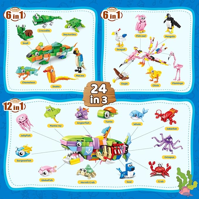 24 Packs Party Favors for Kids – 779 PCS 6-in-1 &amp 12-in-1 Animal Building Blocks Set with Animal Cards – Goodie Bag Fillers Classroom Prizes Birthday &amp Easter Gifts for Kids Ages 6-12