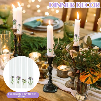 Threlaco 4 Pcs Flower Taper Candles Real Dried Pressed Purple Tapered Plants Candlesticks Unscented 7.8 Inch White Pastel Taper Candles for Baptismal Wedding Bridal Shower Party(4 Pcs,Dried Flower)