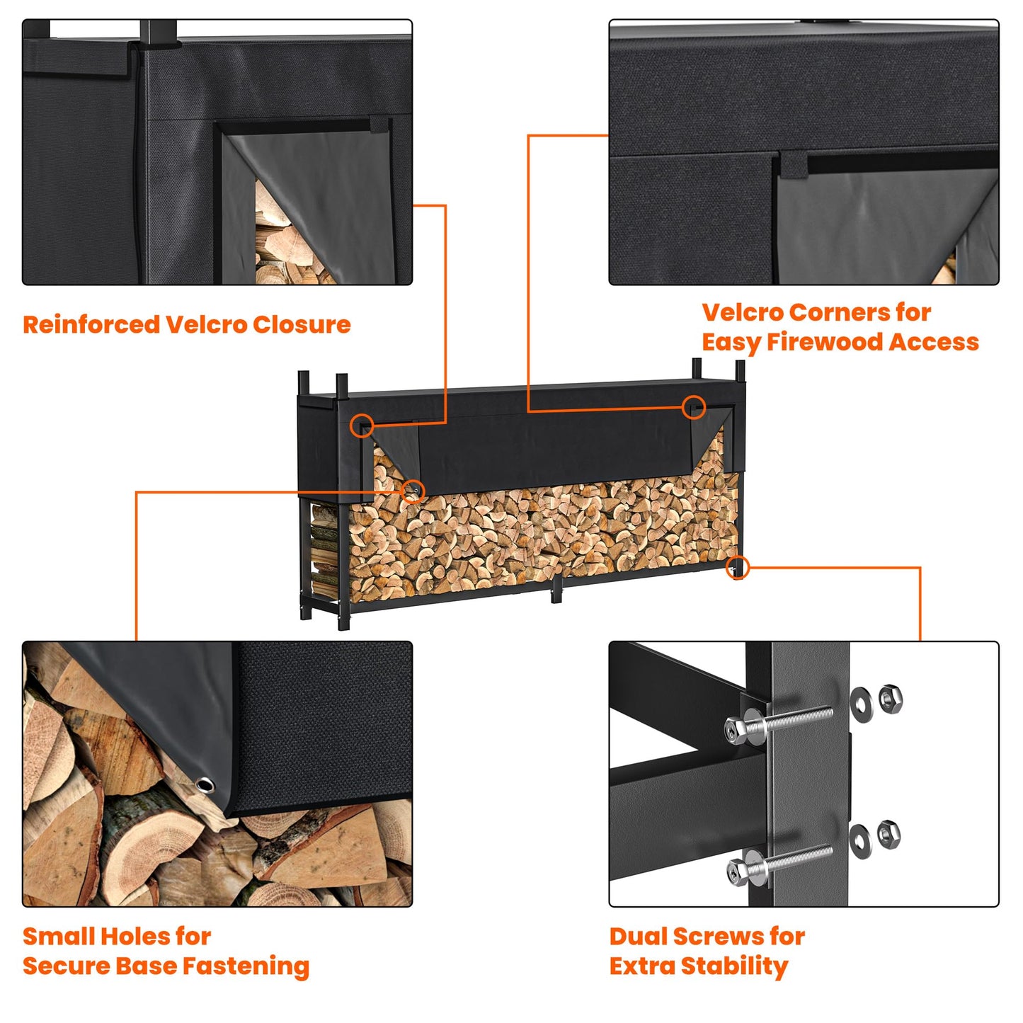 Ultrawall 8ft Heavy Duty Firewood Rack with Waterproof Cover, Freestanding Wood Log Holders for Firewood, Indoor/Outdoor Wood Storage Rack