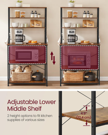 VASAGLE Bakers Rack with Power Outlet, 31.5 Inches Coffee Bar for Kitchen with Storage, 6-Tier Kitchen Shelves with 6 Hooks, Microwave Stand, Industrial, Rustic Brown and Ink Black UKKS119K01