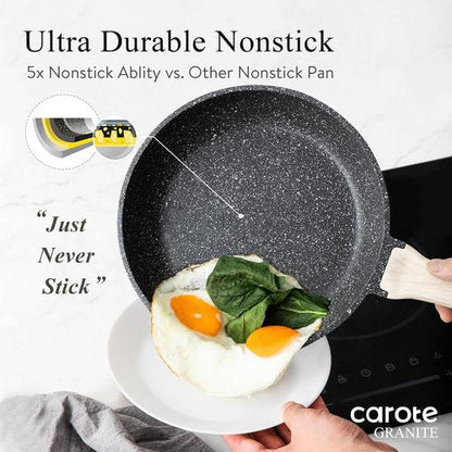 CAROTE Nonstick Frying Pan - 10-Inch Granite Skillet with Glass Lid | PFOA Free Egg & Omelet Pan