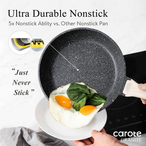 CAROTE Non Stick Frying Pan Skillet,12" Nonstick Fry Pan with Glass Lid, Egg Pan Omelet Pans, Granite Cookware Chef's Pan, PFOA Free (Classic Granite, 12-Inch)