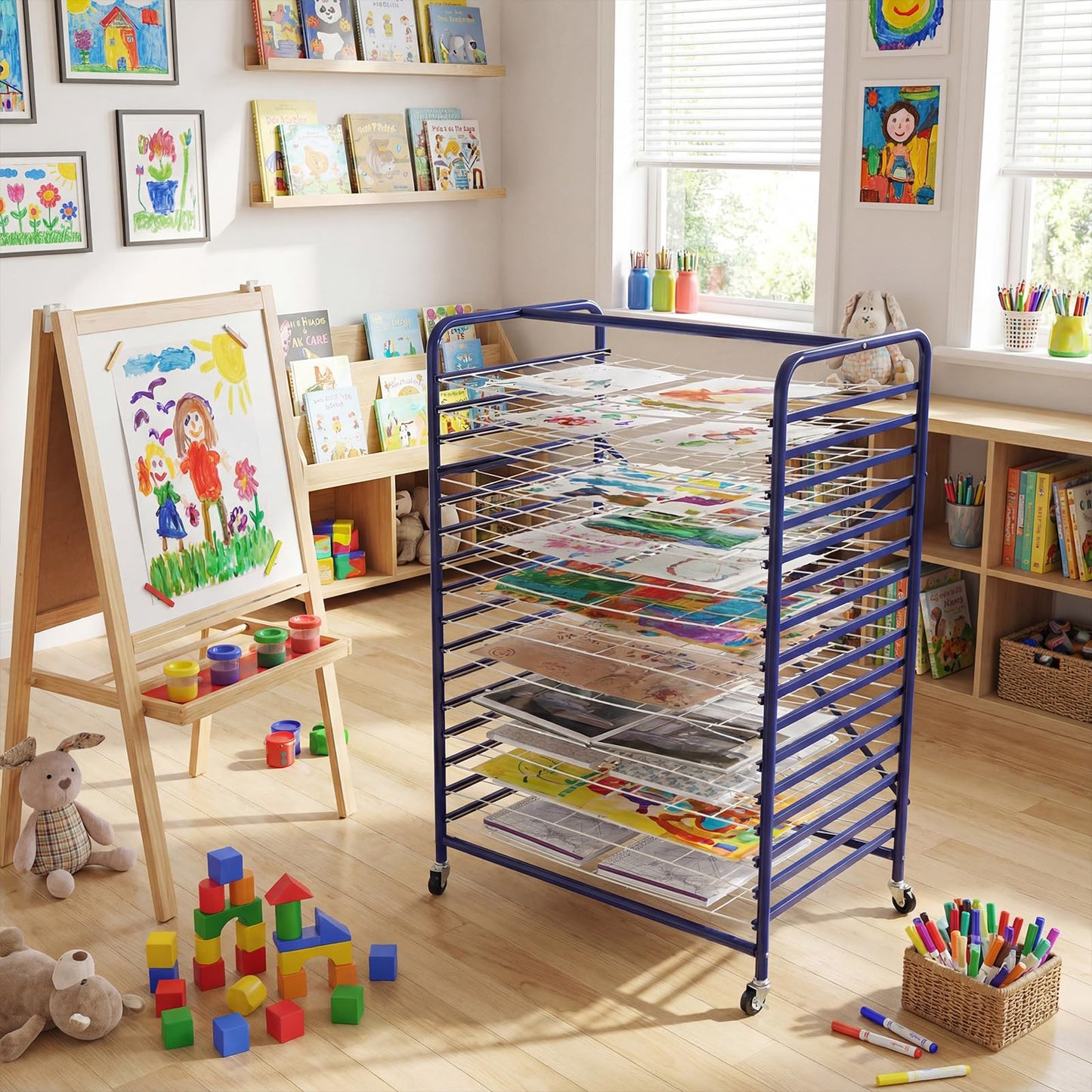 Sintuff Mobile Art Drying Rack Metal Book Magazine Rack Mobile for Home Metal Painting Drying Shelf for Classroom School Studio Space Saving Keep Artwork Protected While Dry 36.5 x 26.5 x 17.5 Inches