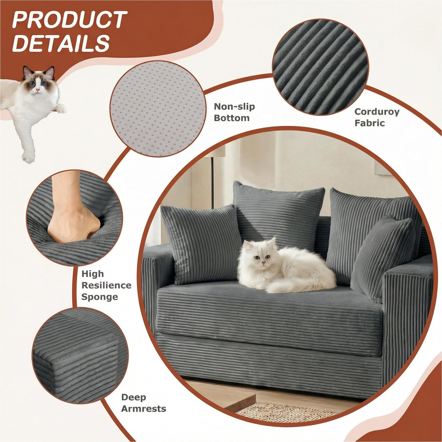 AOLVDOW Convertible 5 in 1 Futon Sofa Bed Full Size, Corduroy Boneless Couch Sleeper Sofa with 4 Pillows, Foldable Pull Out Loveseat Floor Mattress for Living Room, Apartment, Small Space & Dorm
