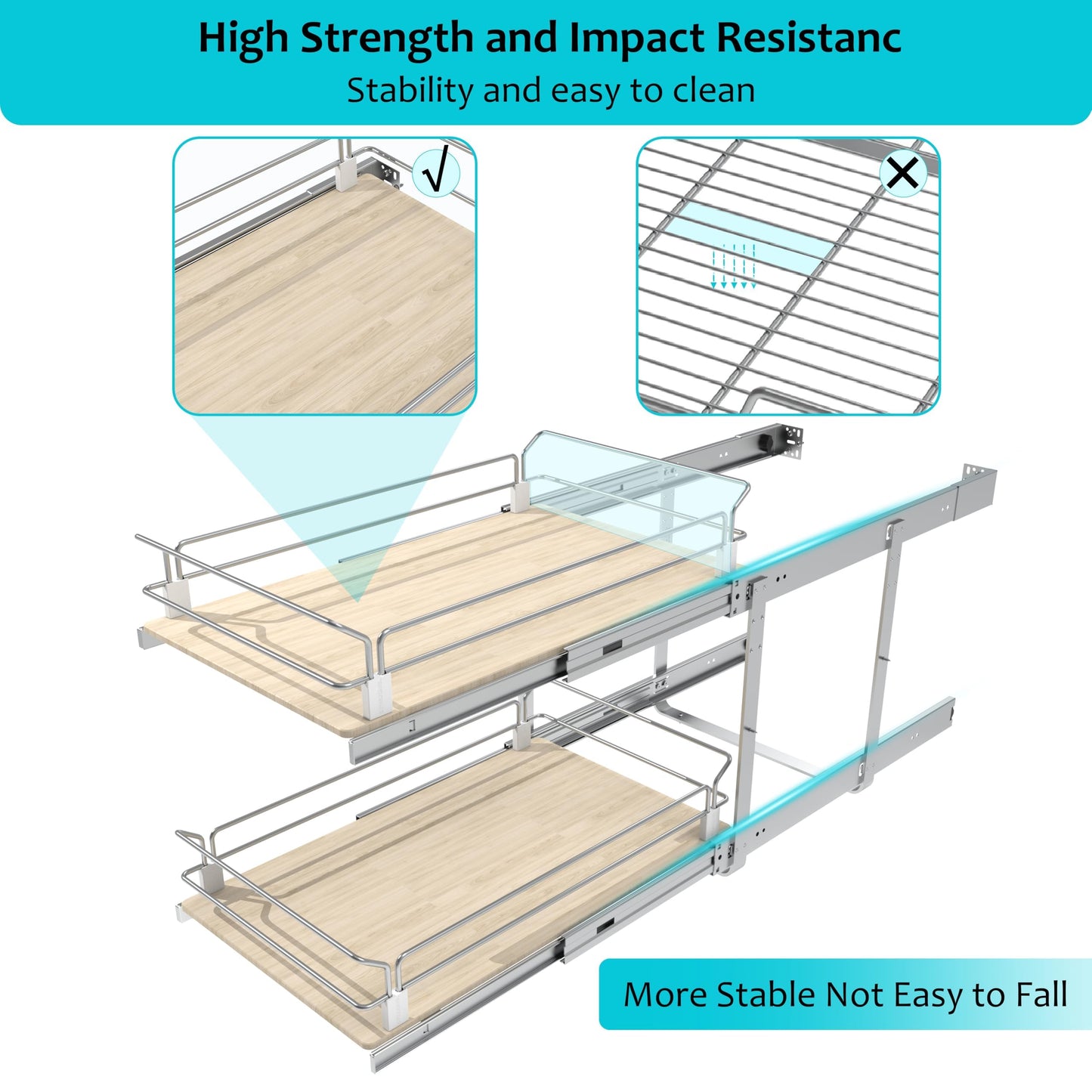 2 Tier Pull Out Cabinet Organizer 20" W X 22" D, Slide Out Drawers For Kitchen Cabinets, Pull Out Drawers For Cabinets Capacity Heavy Duty Caddy, Cabinet Pullout Shelves Wood Chrome, Pantry Storage