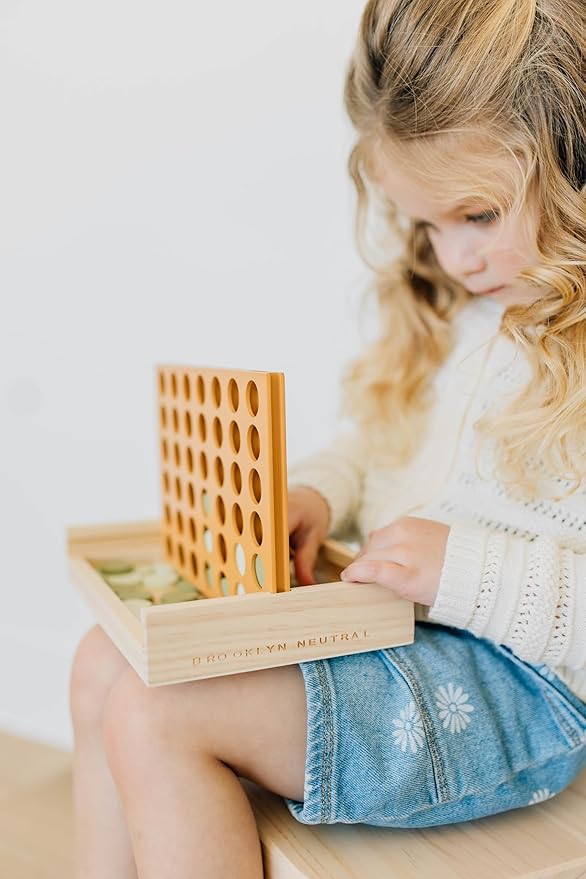 Neutral Wooden Four in a Row Game Aesthetic Two Player Montessori Travel Board Game for Kids and Adults Perfect Coffee Table Decor and Housewarming Gift