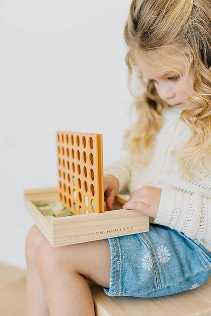 Neutral Wooden Four in a Row Game Aesthetic Two Player Montessori Travel Board Game for Kids and Adults Perfect Coffee Table Decor and Housewarming Gift