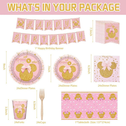 122PCS Cartoon Mouse 2nd Birthday Party Supplies - Girls Two Years Old Birthday Party Decorations, Include Birthday Banners, Tablecloth, Plates, Napkins Party Supplies for Kids Party Favor Gift