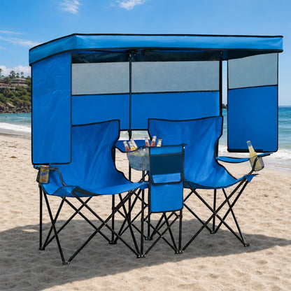 WTVIDAS Double Beach Chair with Canopy Shade Oversized Camping Chairs with Cooler Bag&Cup Holders Folding Loveseat for Outside Lawn Camping