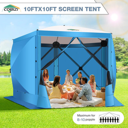 COBIZI 10x10 Pop Up Gazebo Screen Tent Screen House for Camping, Screen Room with Mosquito Netting, Hub Tent Instant Screened Canopy with Carrying Bag and Ground Stakes, Blue