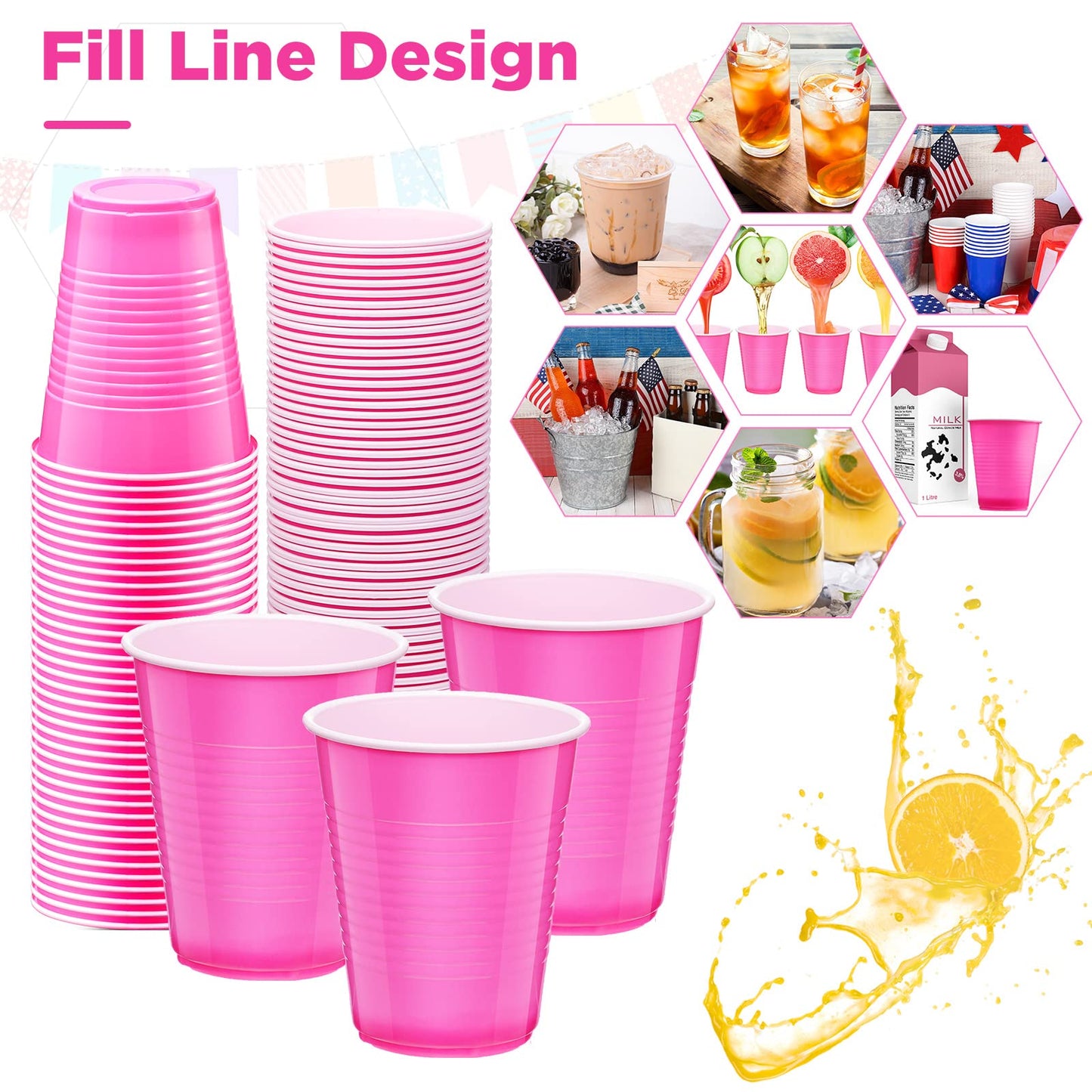 Yinder 50 Count Pink Party Cups 18 Ounce Disposable Plastic Cups for Wedding Birthday Party Beverage Drinking Water Containers for Indoor Outdoor Event Bachelorette Camping(Pink and White)