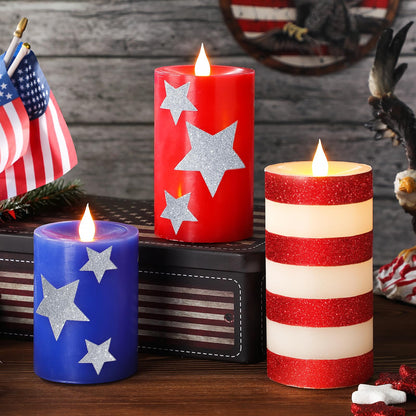 LCZLUMIPRO Set of 3 Patriotic Flameless Candles, Red White and Blue Battery Operated Pillar Candles, Patriotic Candles for 4th of July Independence Day Home Decor