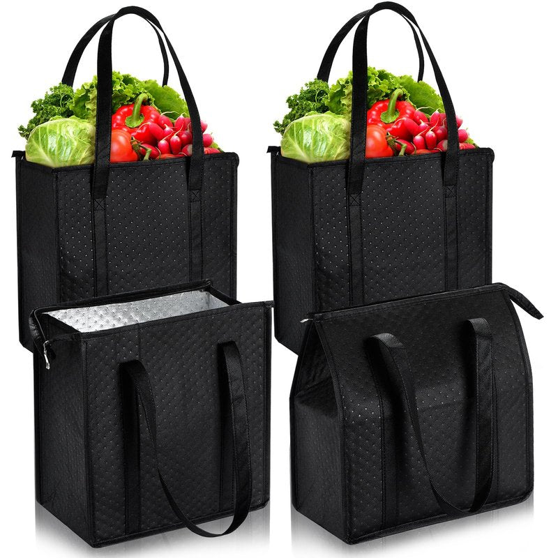 Paterr 4 Pcs Insulated Grocery Bags Insulated Cooler Tote Bag Reusable Collapsible Cooler Totes with Zipper Top for Shopping(Black)
