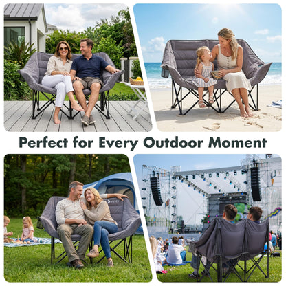 VILLEY Oversized Double Camping Chair, Heavy-Duty Folding Loveseat Camp Chair with Cup Holders, 2 Person Outdoor Chair Supports up to 900 lbs for Camping, Beach, Lawn & Sports, Grey