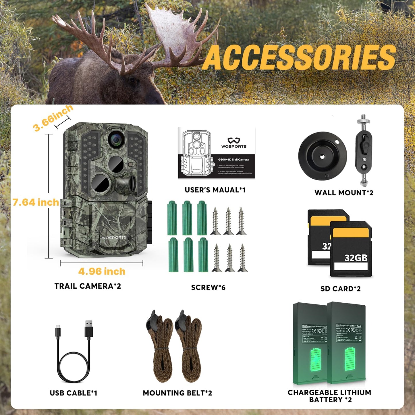 WOSPORTS Rechargeable Trail Camera 2Pack 56MP 4K Game Cam 0.2s Trigger No Glow Night Vision Motion Activated 120° Wide Lens 2.0” LCD Wildlife Camera Outdoor Scouting