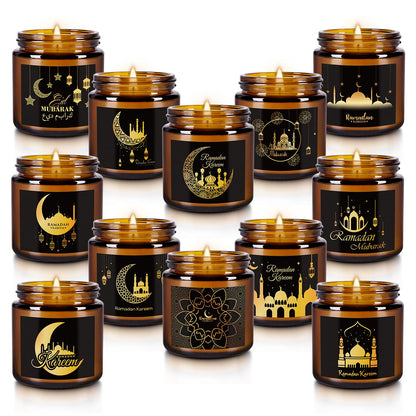 12pack Ramadan Scented Candles 3.5oz Soy Wax，Muslim Islamic Party Favors Gifts Glass Jar Candles for Home Happy Eid Festival Decor(Brown,Pattern)