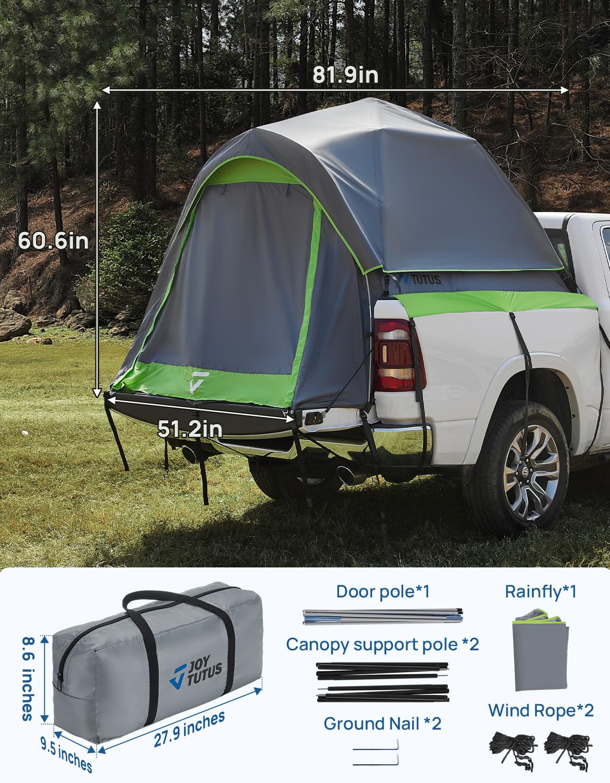JOYTUTUS Semi-Automatic Truck Bed Tent with Awning, Easy Set-up with Pre-Assembled Design, 2 Person Portable Truck Camping Tent with Rainfly for 5.0FT-5.2FT Pickup Truck Bed, Waterproof PU2000mm