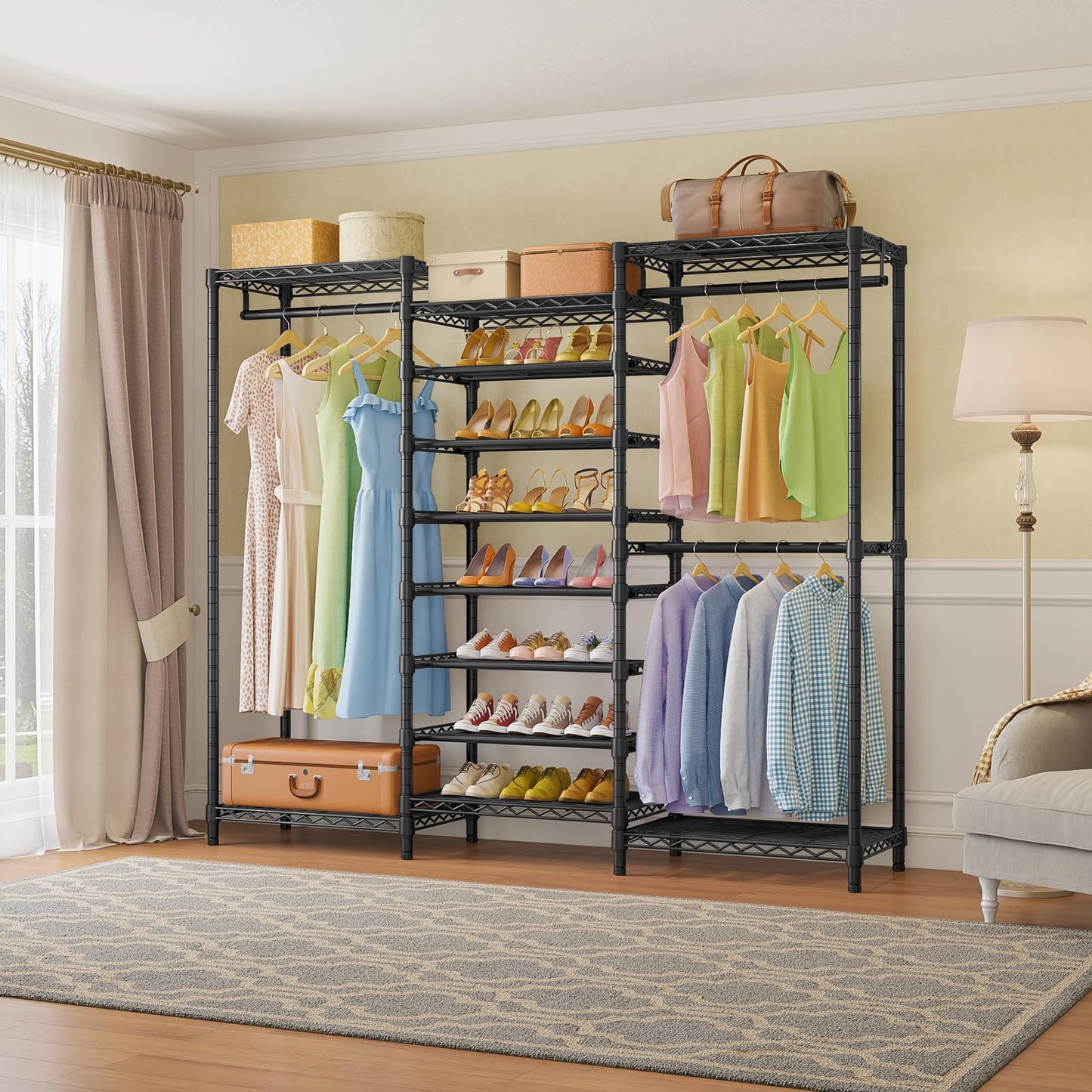 VIPEK S3 Heavy Duty Garment Rack Freestanding Clothes Rack Closet Storage Organizer Large Wardrobe with 8-Tier Shoe Rack, Hanging Rod, Adjustable Shelf, 68.9" L x 15.7" W x 76.4" H, Black