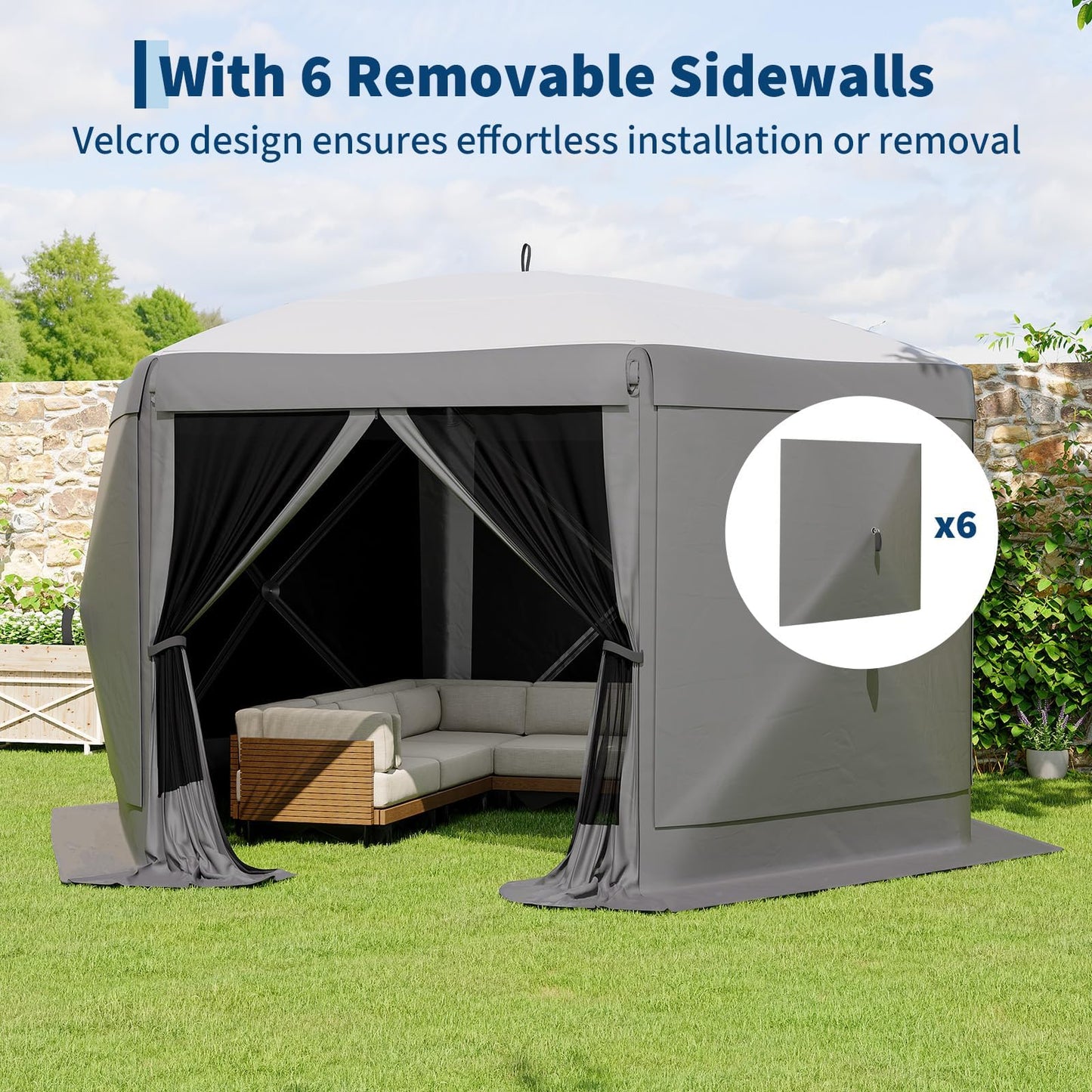 13x13FT 6-Sided Gazebo Tent, One-Push Setup Canopy with Mesh Panels & Removable Wind Cloths, Outdoor Shelter for Backyard Parties Camping Events, Grey