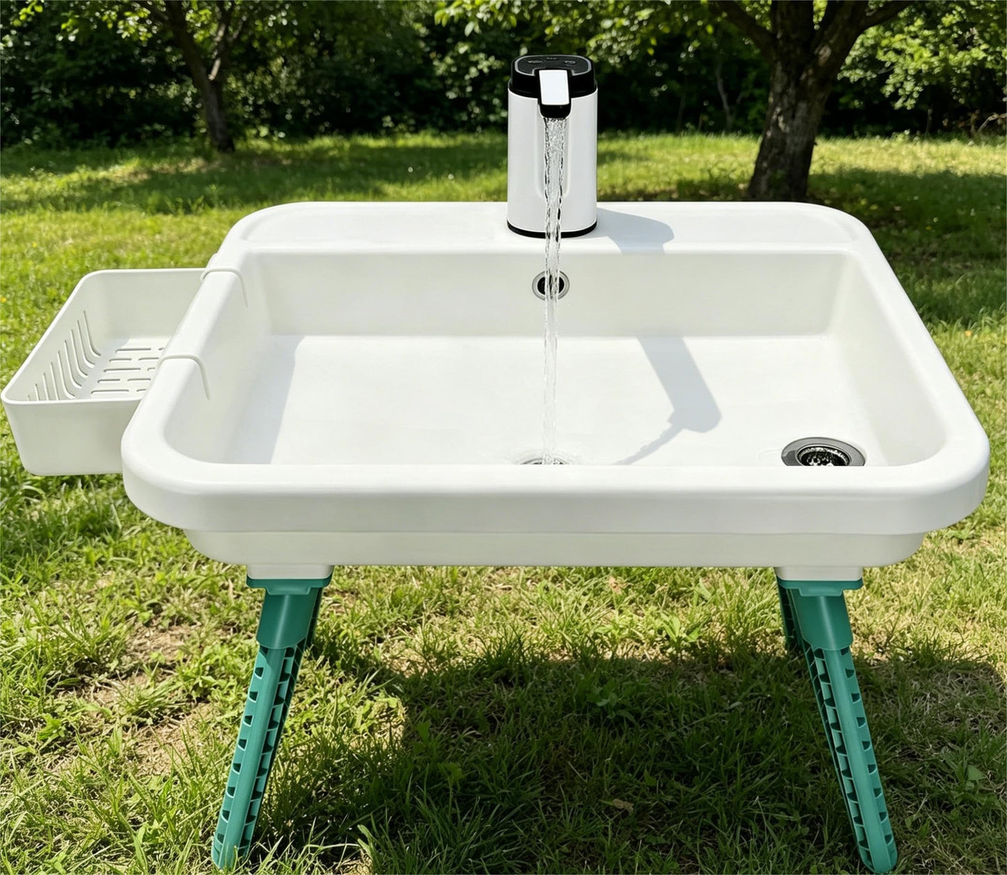 Portable Camping Sink with Electric Faucet, Adjustable Height Stand, Freestanding Outdoor Hand Washing Station, Foldable Wash Basin with Drain Hose & Soap Dispenser, Tank-Free Mobile Sink for Camping
