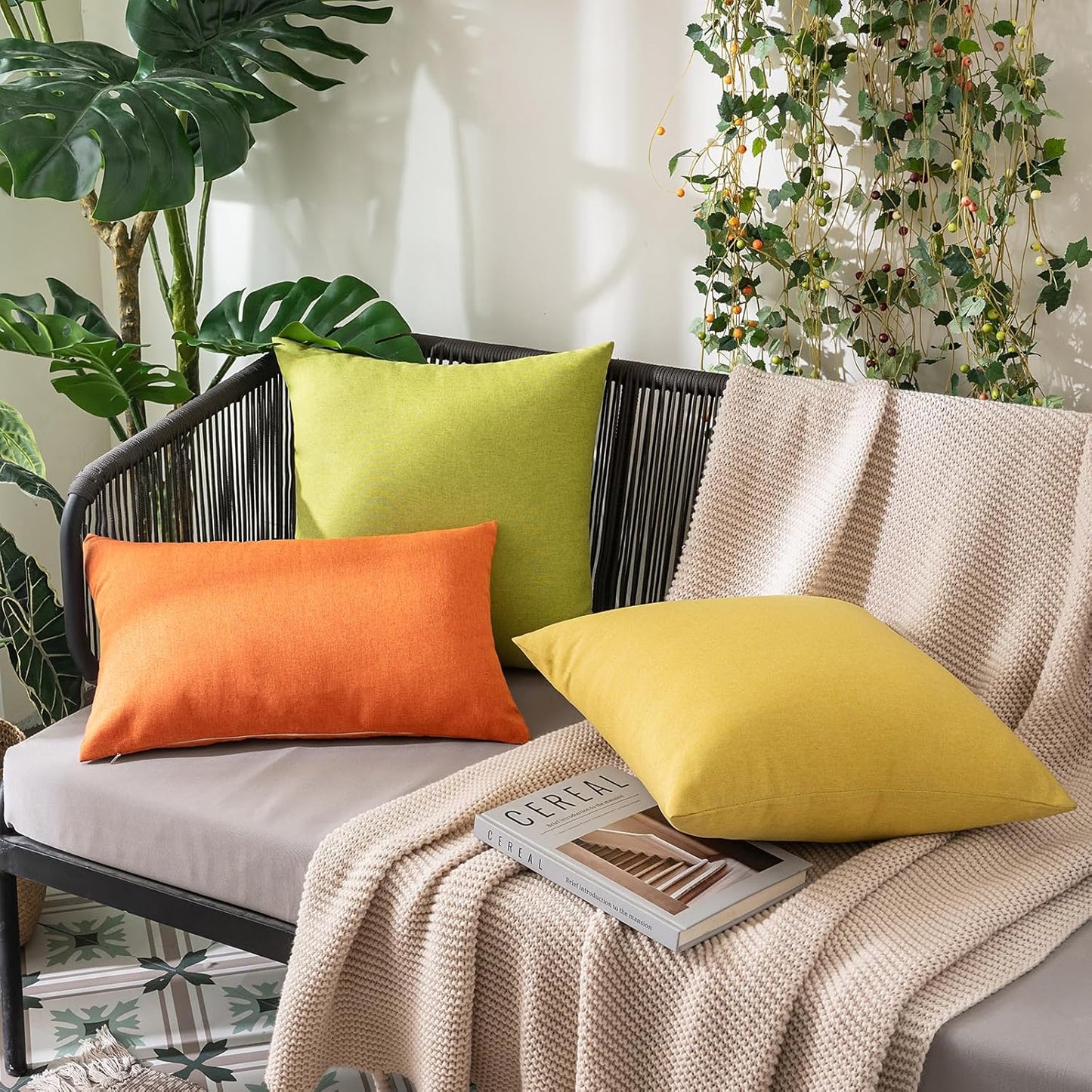 MIULEE Decorative Outdoor Throw Pillow Covers - Waterproof Faux Linen Cushion Cases | 20x20 Inch Bright Orange (Pack of 2)