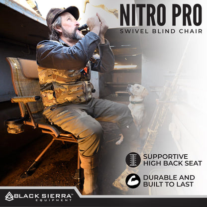 Black Sierra XL Swivel Hunting Chair 360 Silent Blind Seat Heavy Duty Support 300 lbs w/Padded Armrests, All Terrain Feet Cupholder and Carry Strap, Portable Outdoor Seat for Turkey and Deer Hunting