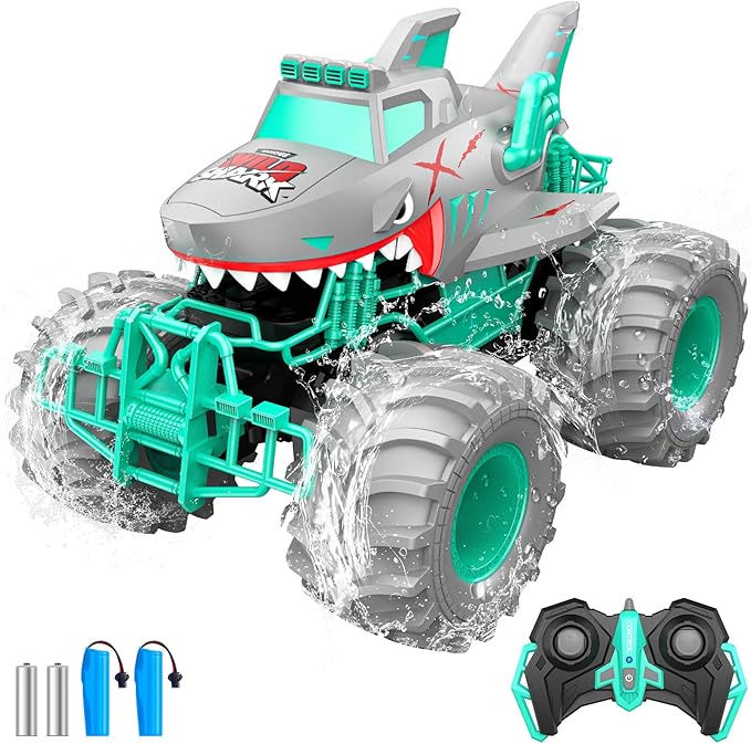 Waterproof Shark Remote Control Car 1:16 Amphibious RC Cars 4WD All Terrain Off Road Monster Trucks Toys RC Truck Toys for Kids 3-5 6-8 8-12 Year Old Boy Birthday Gift Gray