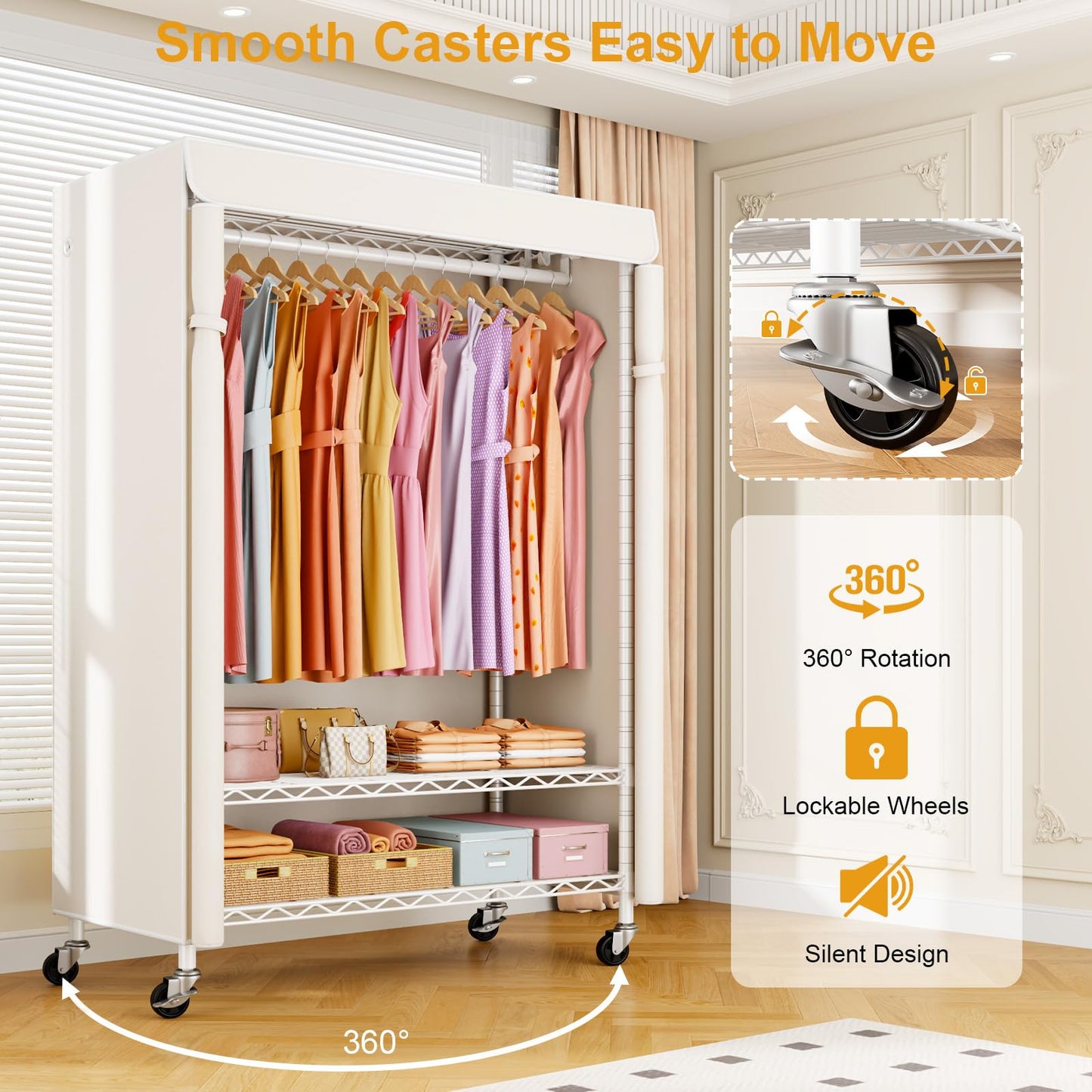 ULIFHOME P6C Plus Rolling Clothes Rack with Cover, Covered Clothing Rack Heavy Duty, Portable Closet for Hanging Clothes, Garment Rack on Wheels, White Closet Rack with White Cover, Max Load 375LBS