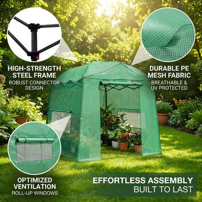 8.5 x 7 ft Pop-up Greenhouse, Walk-in Green House for Indoor Outdoor, Plant Garden Green House with Zippered Doors, Screen Windows, Heavy Duty Frame and Weather-Resistant Durable PE Cover