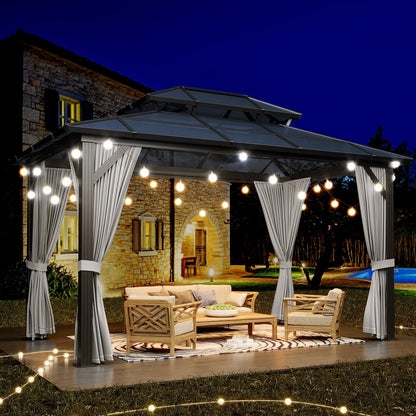 GAOMON 10'x13' Hardtop Gazebo, Outdoor Polycarbonate Double Roof Canopy, Aluminum Frame Permanent Pavilion with Curtains and Netting, Sunshade for Garden, Patio, Lawns (Gray)