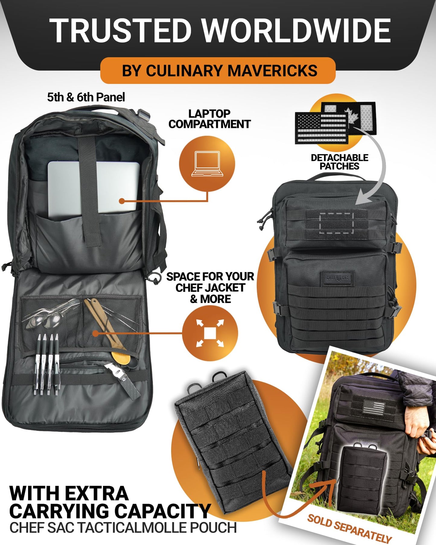 Chef Knife Bag Tactical Backpack XL, 30+ Pocket Knife Carrying Case for Chefs and Culinary Tools, Patented Retention Panels with Hook-and-Loop System, YKK Zippers, Fits 12in Knives