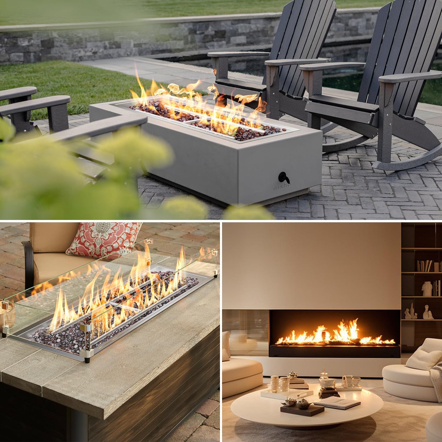 Onlyfire 48 x 14 Inch Drop-in Fire Pit Pan Kit, Rectangular Stainless Steel Propane Gas Firepit Pan Kit with H Burner, Spark Ignition and Propane Hose Kit for Indoor or Outdoor DIY Fire Pit Fireplace