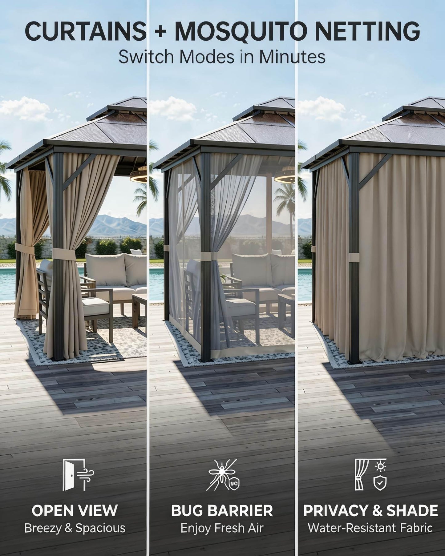 10' x 13' Hardtop Gazebo with Polycarbonate Double Roof, Aluminum Frame Permanent Pavilion with Curtains and Netting, Outdoor Gazebo for Patio Backyard (Khaki)