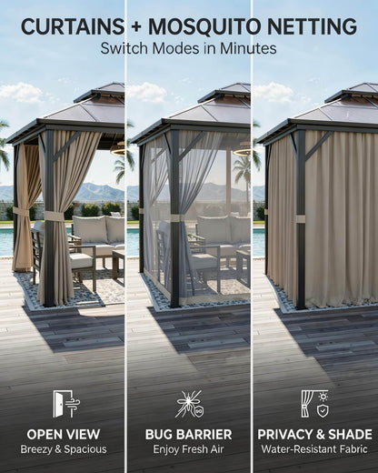 10' x 13' Hardtop Gazebo with Polycarbonate Double Roof, Aluminum Frame Permanent Pavilion with Curtains and Netting, Outdoor Gazebo for Patio Backyard (Khaki)