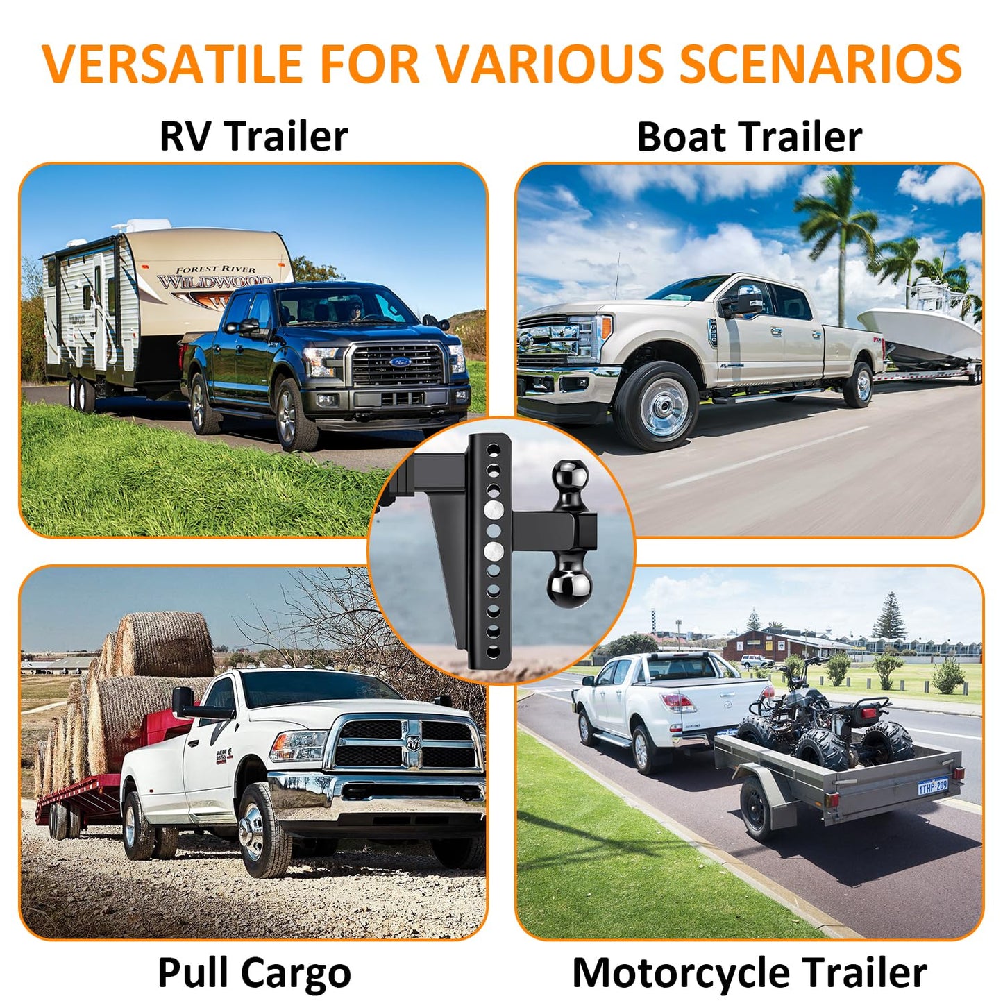 Adjustable Trailer Hitch -Drop Hitch-Tow Hitch FITS 2.5 inch Receiver-8inch Drop/Rise, 2" & 2-5/16" Ball Hitches for Trucks, 22,000 LBS GTW, Trailer Hitches with Anti-Theft Pin, Black