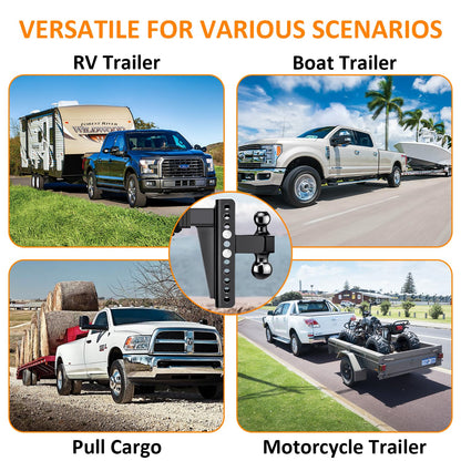 Adjustable Trailer Hitch -Drop Hitch-Tow Hitch FITS 2.5 inch Receiver-8inch Drop/Rise, 2" & 2-5/16" Ball Hitches for Trucks, 22,000 LBS GTW, Trailer Hitches with Anti-Theft Pin, Black