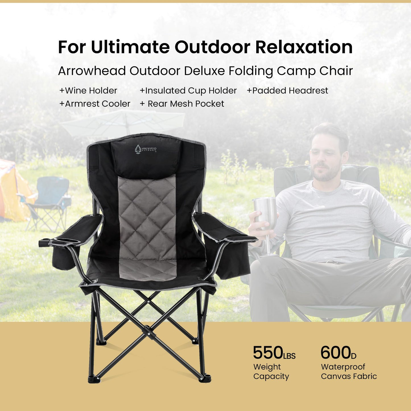 ARROWHEAD OUTDOOR 2-Pack Portable Deluxe Folding Camp Quad Chair w/Headrest, Glass & Cup Holders, Armest 6-can Cooler, Heavy Duty Carry Bag, 550 lbs Weight Capacity