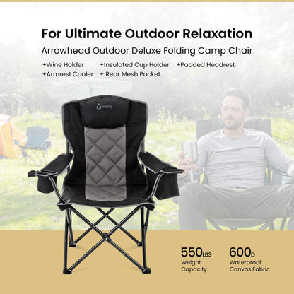 ARROWHEAD OUTDOOR 2-Pack Portable Deluxe Folding Camp Quad Chair w/Headrest, Glass & Cup Holders, Armest 6-can Cooler, Heavy Duty Carry Bag, 550 lbs Weight Capacity