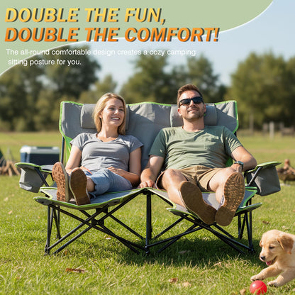 Double Camping Chair,Adjustable Two Person Adjustable Backrest Reclining chairs with Foot Rest,Oversized Folding Camping Loveseat,Office,Beach,Lawn,Headrests,Cooler Bag,Cup Holder,Support 600lbs