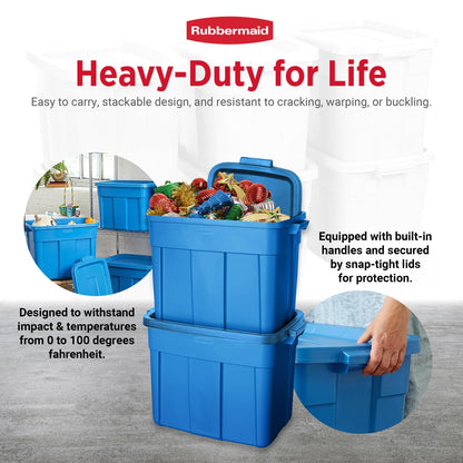 Rubbermaid Roughneck Tote 18 Gal, 6 Pack, Made in USA, Heritage Blue, Rugged Plastic Stackable Storage Bins with Lids and Handles