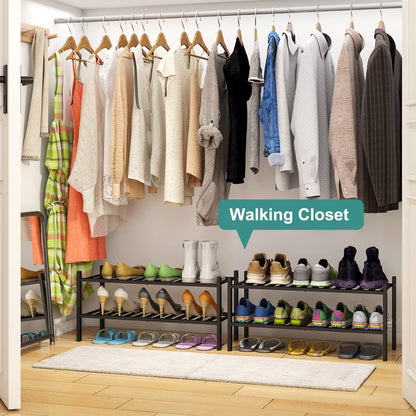 Viewcare 2-Tier Black Bamboo Shoe Rack - Stackable & Foldable Shoe Shelf Organizer for Entryway