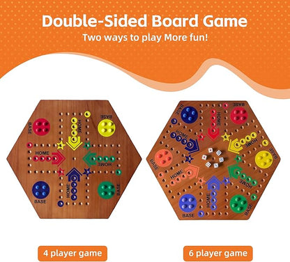 Wooden Board Game Board Game Original Marble Game Double Sided Painted 2 to 6 Player Fast Track Wooden with 6 Colors 24 Marbles 6 Dice for Adults Kids Family(20 INCH Flame)