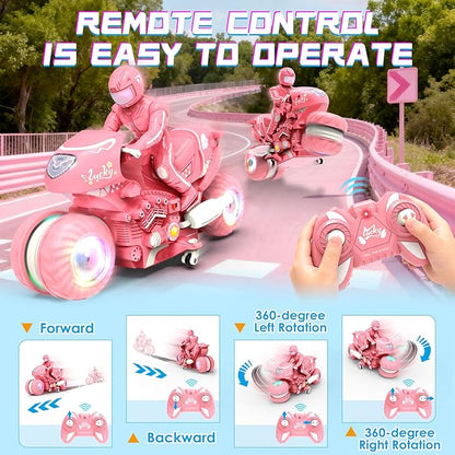 Remote Control Motorcycle for Girls with RGB Wheels Lights RC Motorbike Toy 360° Rotations 55 Min Play Stunt Motocross with Rider 2.4Ghz RC Dirt Bike Birthday Xmas for Girls 4-12 (Pink)