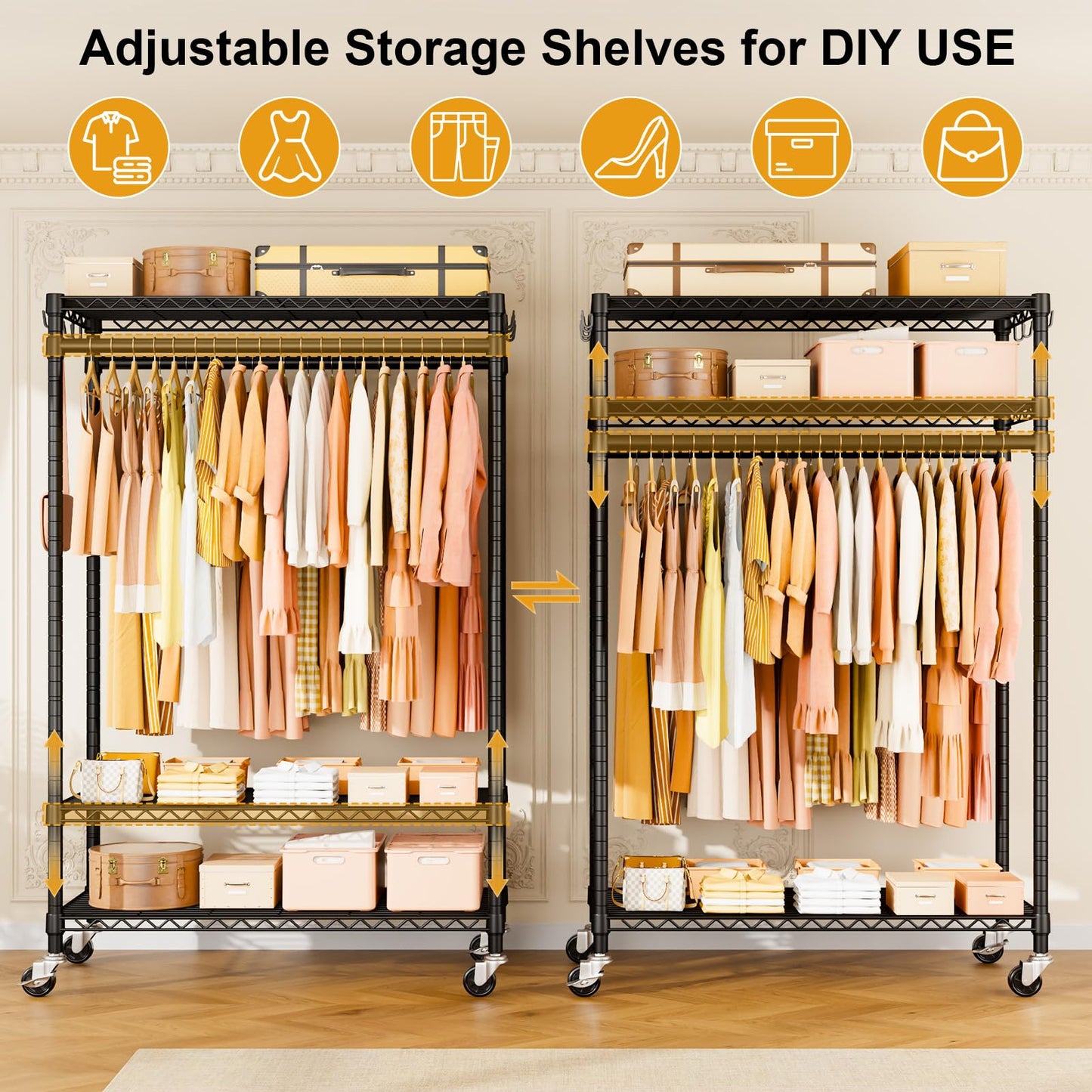 ULIFHOME P7 Rolling Clothes Rack, Clothing Racks for Hanging Clothes, Heavy Duty Garment Rack with Wheels, 3 Tiers Freestanding Portable Closet Rack 45''W × 20.5''D × 80.5''H, Max Load 480 lbs, Black