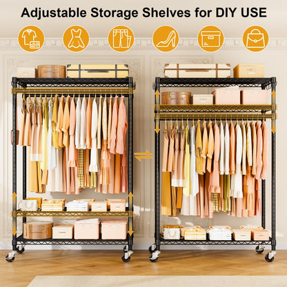 ULIFHOME P7 Rolling Clothes Rack, Clothing Racks for Hanging Clothes, Heavy Duty Garment Rack with Wheels, 3 Tiers Freestanding Portable Closet Rack 45''W × 20.5''D × 80.5''H, Max Load 480 lbs, Black