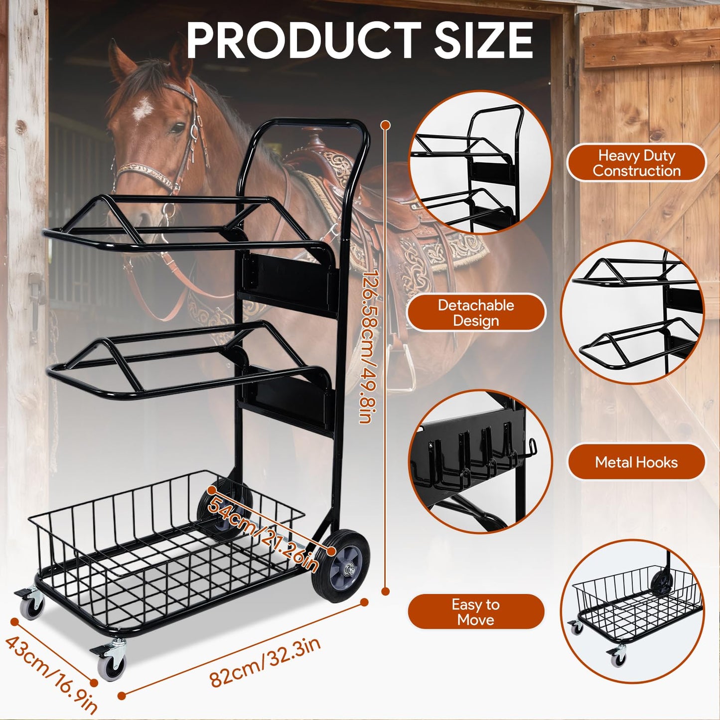 Rolling Saddle Rack Cart with Basket, 220 Lbs, Horse Tack Dolly Saddle Stand for Western & English Saddles, Heavy Duty Saddle Stand for Tack Room, Bridle, Horse Lovers, Cowboy, 32.3*16.9*49.8 inch