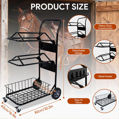 Rolling Saddle Rack Cart with Basket, 220 Lbs, Horse Tack Dolly Saddle Stand for Western & English Saddles, Heavy Duty Saddle Stand for Tack Room, Bridle, Horse Lovers, Cowboy, 32.3*16.9*49.8 inch