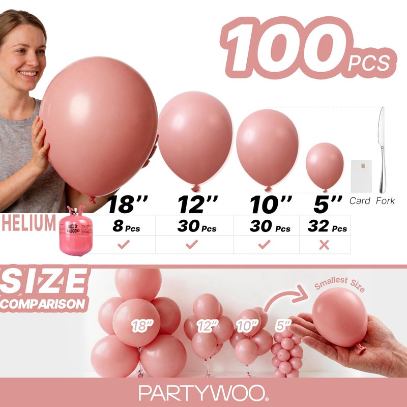 PartyWoo Dusty Pink Balloons 100pcs Different Sizes of 18 12 10 5 Inch Blush Pink Dusty Rose Boho Netural Balloon Arch Kit Garland for Baby Shower Princess Girl Birthday Party Decorations Pink-F01